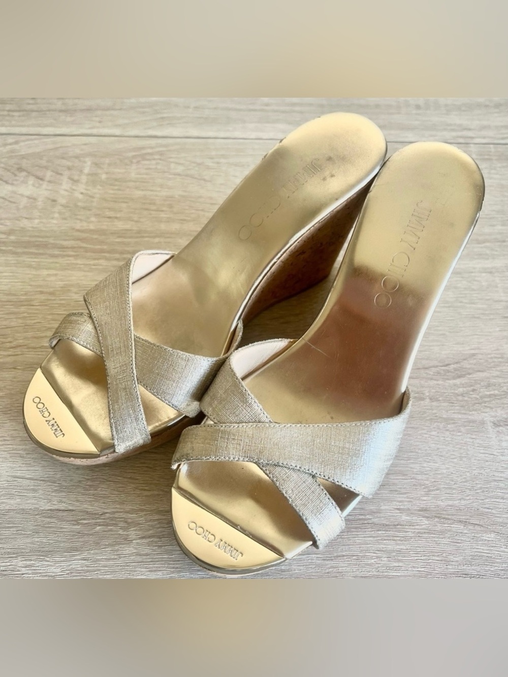Jimmy Choo Gold Textured Leather Platform Wedge Slide Sandals.